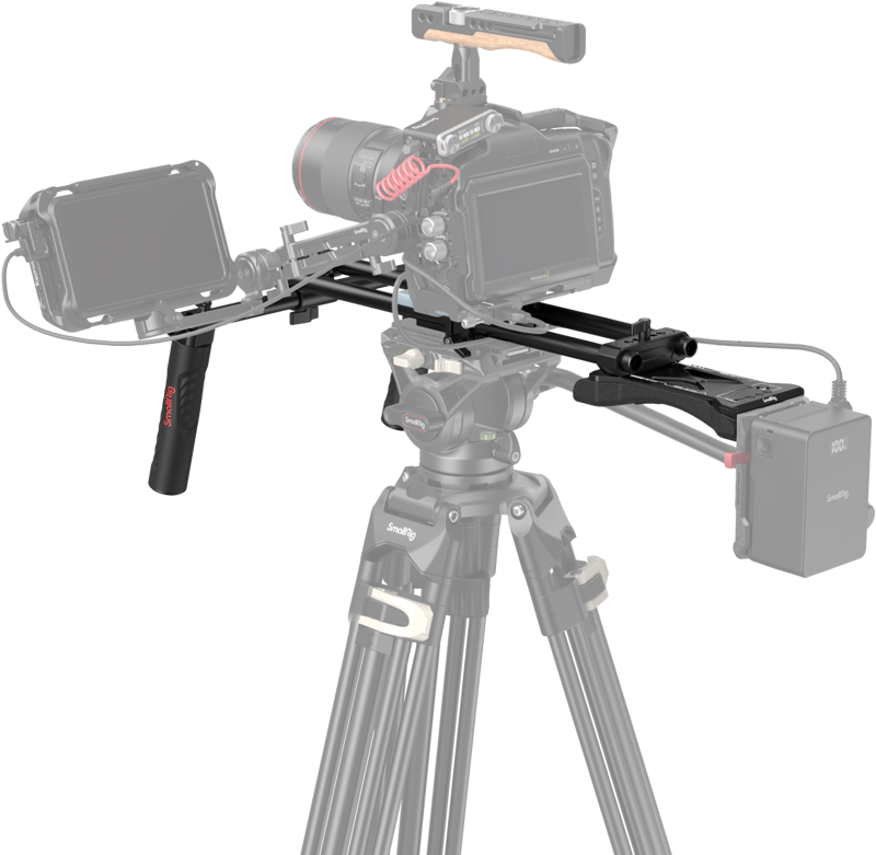 Shoulder support rig installed on camera with rails, handles, and mounting plates
