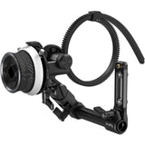 Follow focus handwheel and focus ring on compact rig, black and silver