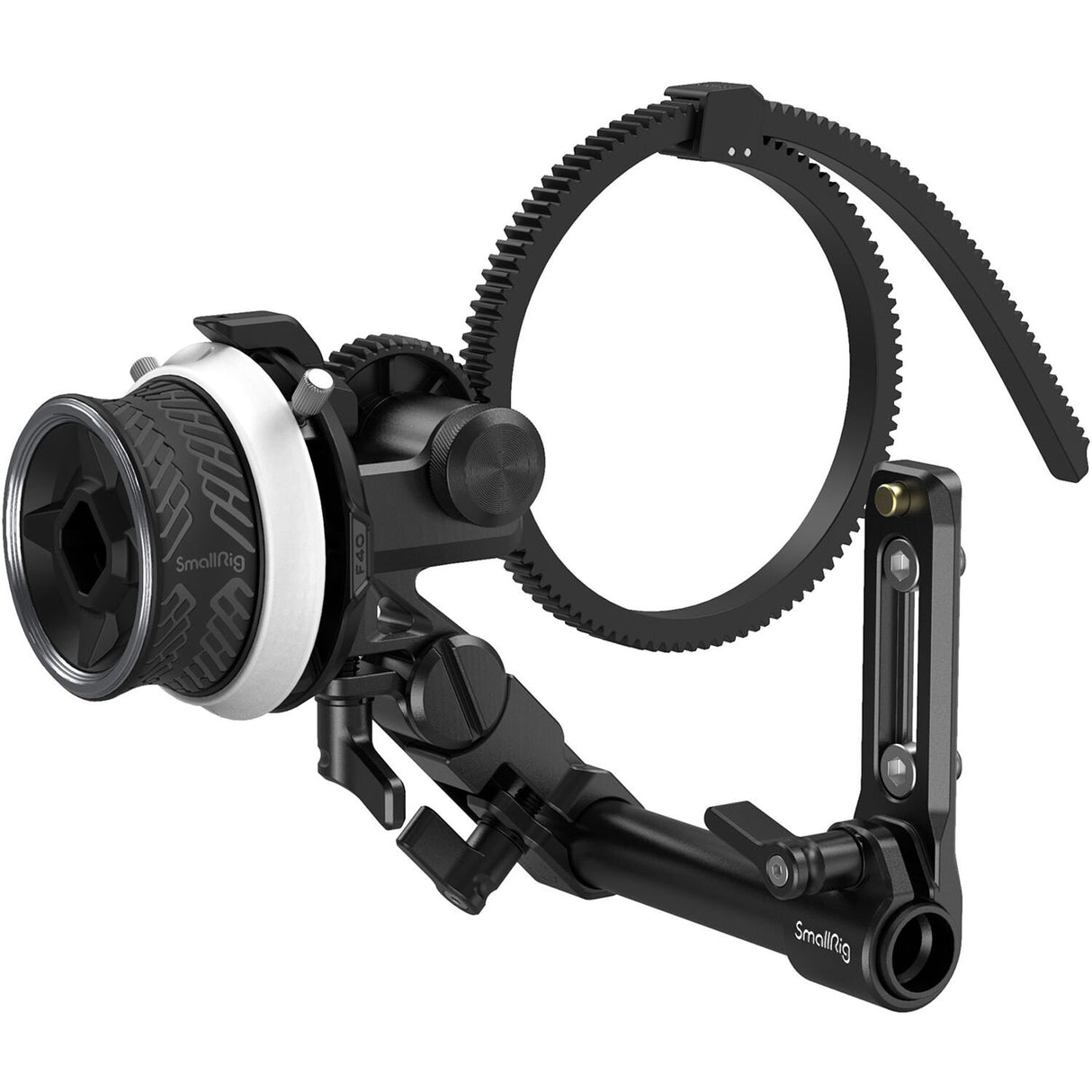 Follow focus with control knob, gear ring, and matte black mounting bracket