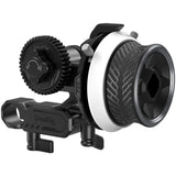 Mini follow focus with large gear dial and mounting bracket, black and silver