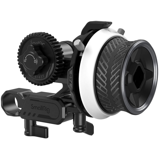 Mini follow focus with large gear dial and mounting bracket, black and silver