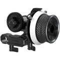 Mini follow focus with large gear wheel and handle, black and silver
