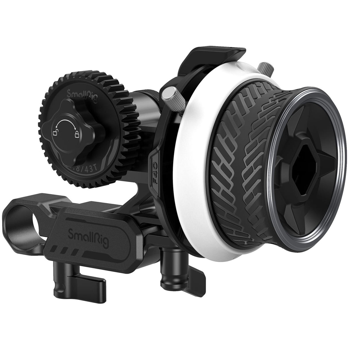 Mini follow focus with large gear wheel and handle, black and silver