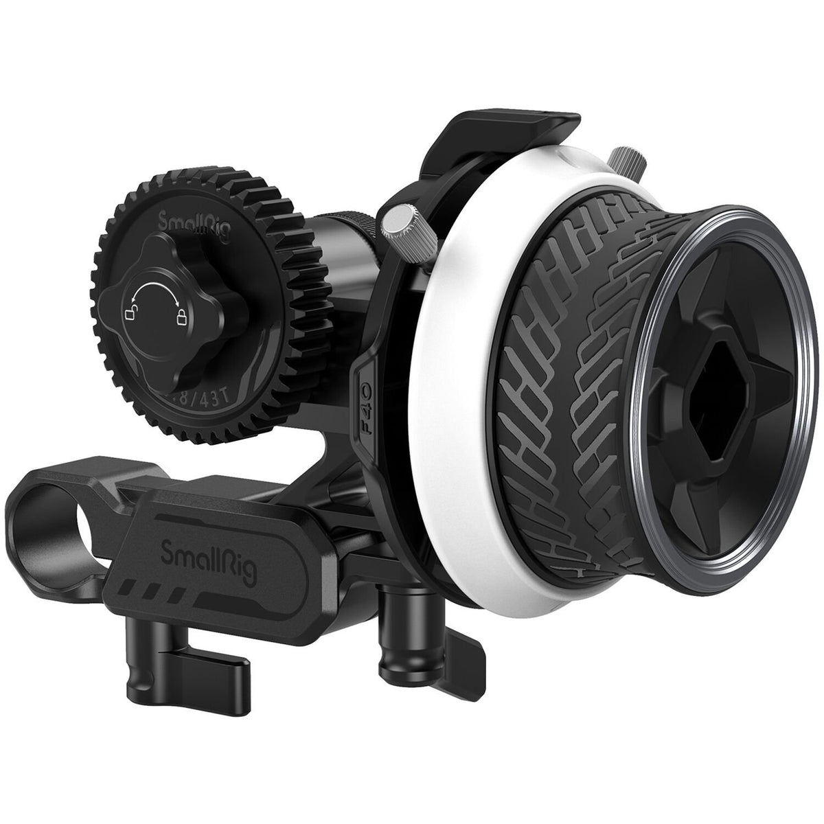Mini follow focus with black gear wheel and silver ring, side view