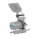 Half cage rig with monitor, top handle, and front handle bar for camera, silver/gray