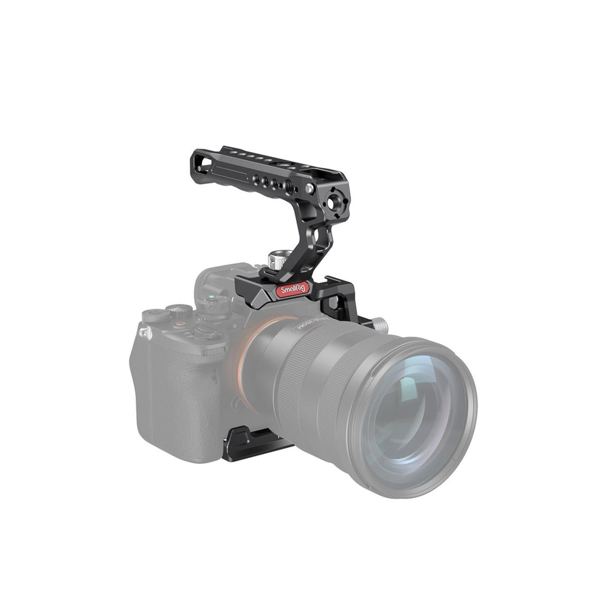 Black half cage with top handle and rail bracket mounted on camera body