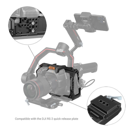 Camera rig cage with quick-release plate detail and accessory mounting holes