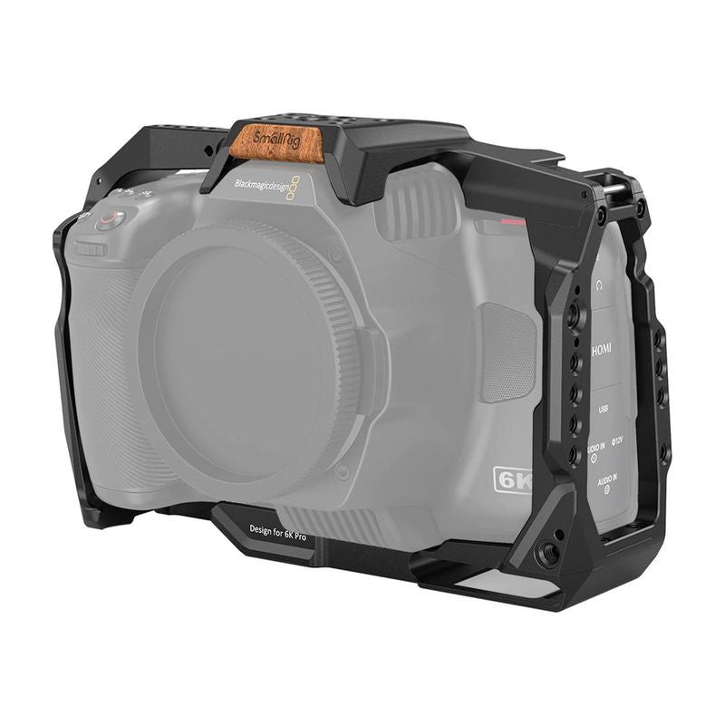 Black camera cage for BMPCC 6K PRO, with top handle and side port access