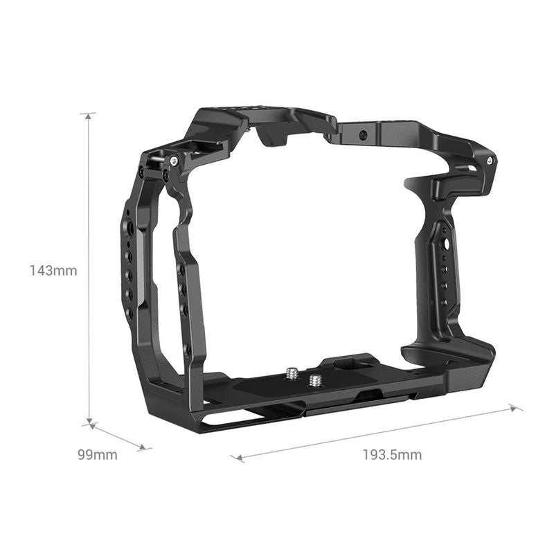Black camera cage frame with top bracket and bottom mounting plate