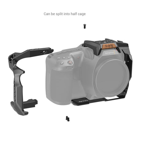 Half camera cage with mounting points, shown on a camera with top handle