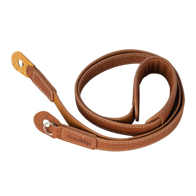 Brown leather camera strap with loop ends and stitched edges
