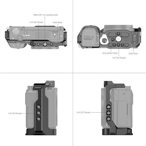 Camera cage layout diagram with 1/4-20 threads and cold shoe position