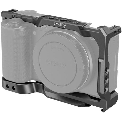 Camera cage rig for Sony ZV-E10, black metal frame with mounting holes