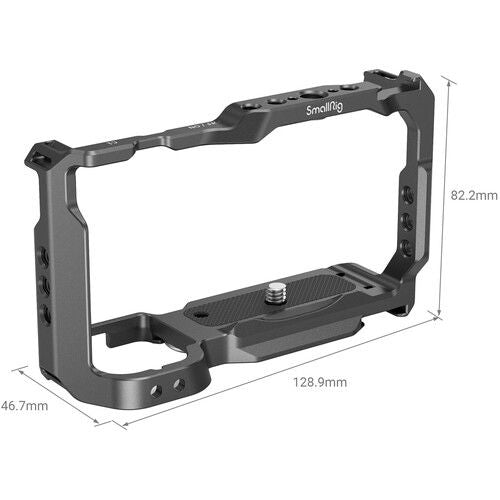 Black camera cage base frame with adjustable plate and grip cutouts