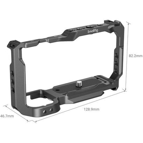 Black camera cage base frame with adjustable plate and grip cutouts