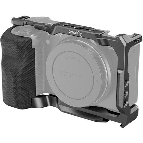Camera cage with right-side handle grip for Sony ZV-E10, black metal with textured handgrip