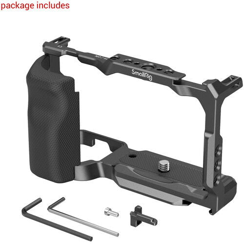 Camera cage with right-side handle and included mounting parts, black metal frame and grip