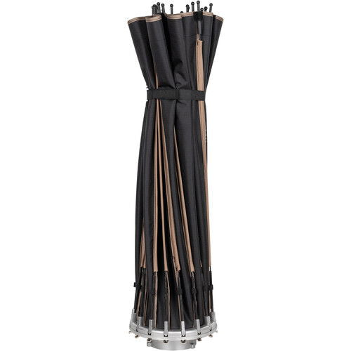 Collapsed parabolic softbox frame with black cover and metal rods
