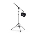 Pneumatic boom light stand with tripod base and hanging accessory bag