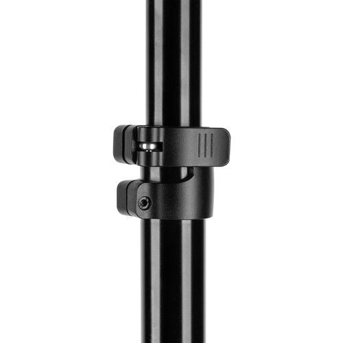 Close-up of pneumatic light stand collar clamp on black metal pole
