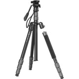 Black video tripod with fluid head, center column and adjustable leg joints