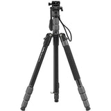 Video tripod with fluid head and three folding leg sections in black
