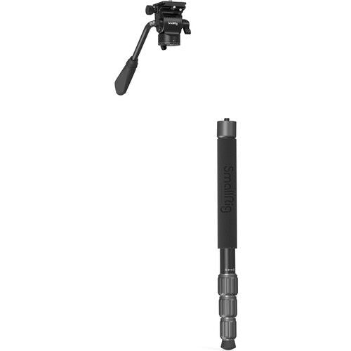 Black monopod-style video support with segmented legs and top mount