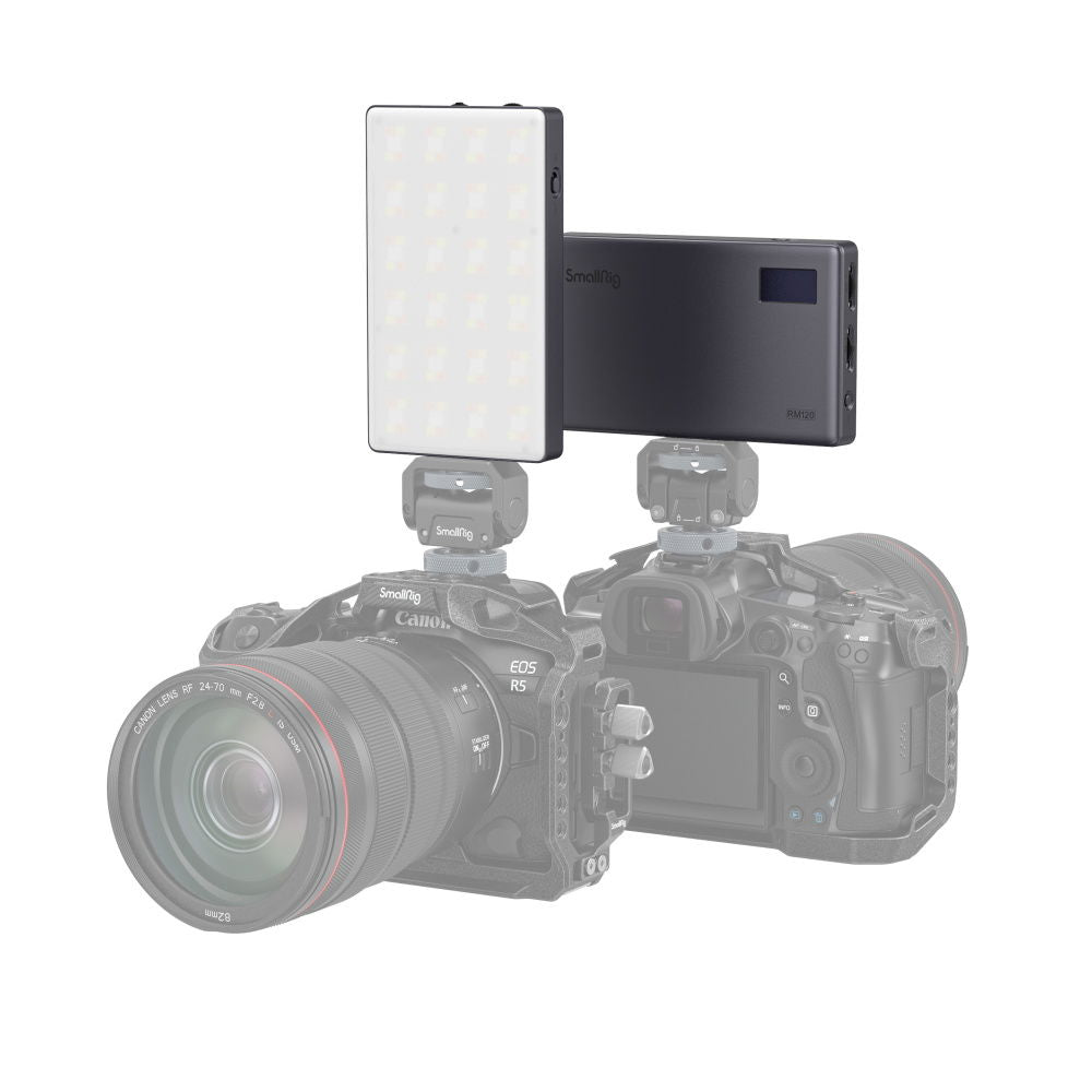 LED video light mounted on a camera rig with two light panels
