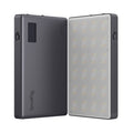 Small LED video light with dark body and visible LED panel, lens window on front