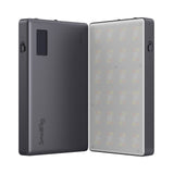 Small LED video light with dark body and visible LED panel, lens window on front