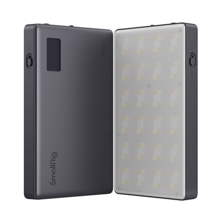 Small LED video light with dark body and visible LED panel, lens window on front
