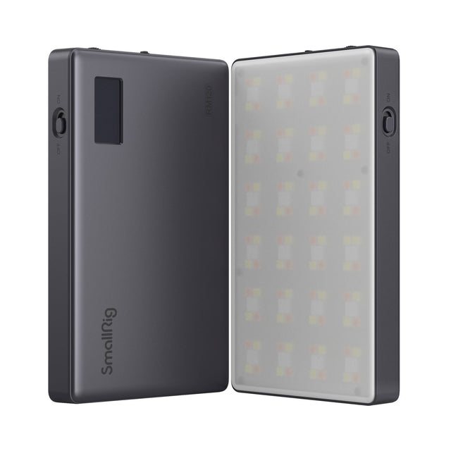 Small LED video light with dark body and visible LED panel, lens window on front