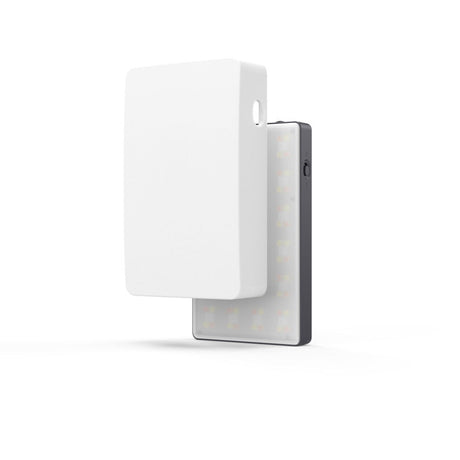 Fold-out LED video light with white cover and dark side housing
