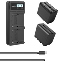 NP-F970 battery charger kit with two NP-F970 batteries and LCD charge screen