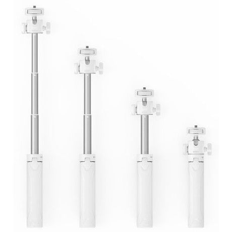 Telescopic mini tripod in multiple extended lengths, four sizes shown in white