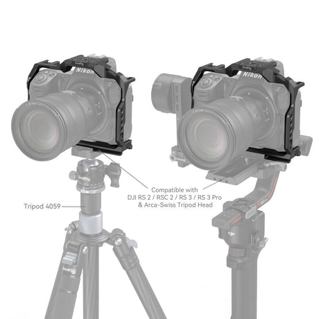 Camera cage mounted on Nikon Z8 with front base plate and side rail openings