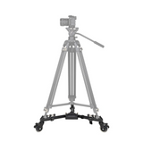 Adjustable universal camera dolly with tripod mount and two front caster wheels