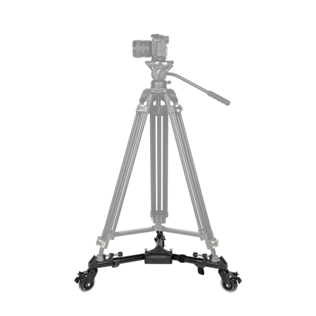 Adjustable universal camera dolly with tripod mount and two front caster wheels
