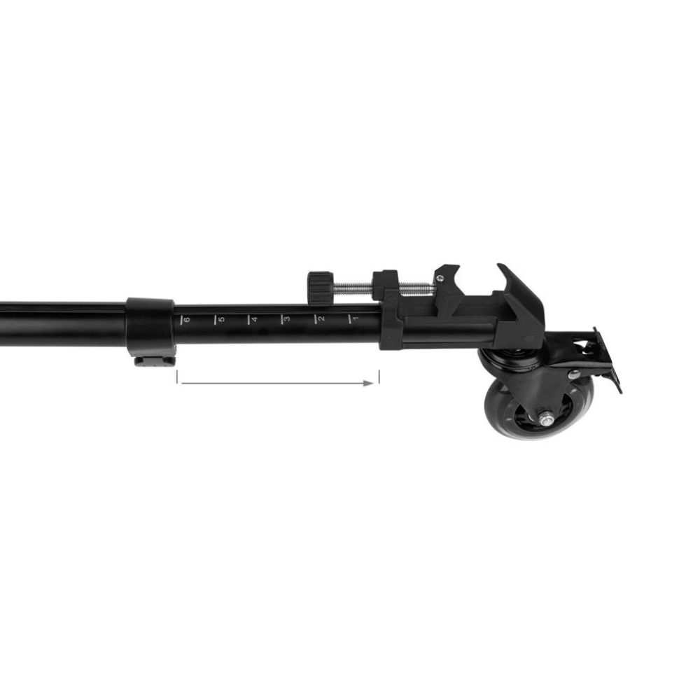 Universal camera dolly rail with measurement scale and caster wheel