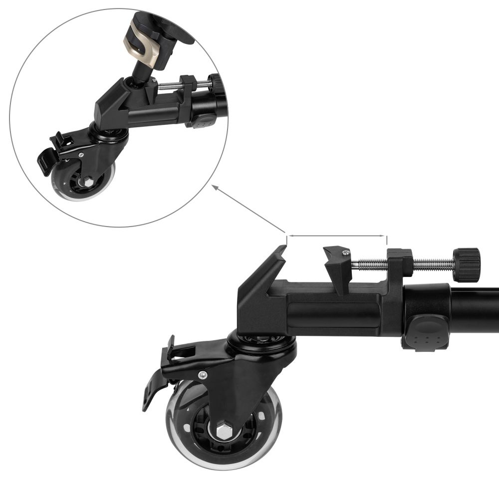 Close-up of camera dolly caster wheel and adjustable rail bracket