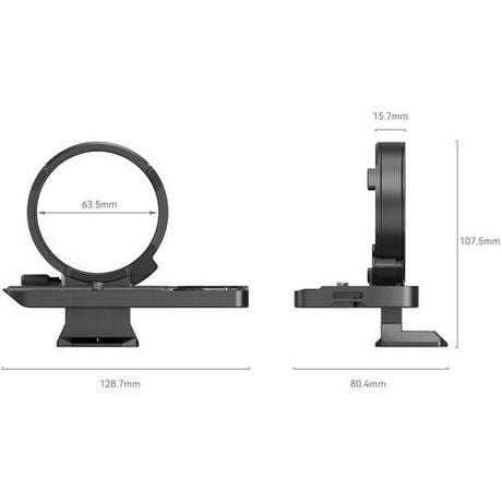 Rotating horizontal-vertical camera mounting plate dimensions with front and side measurements