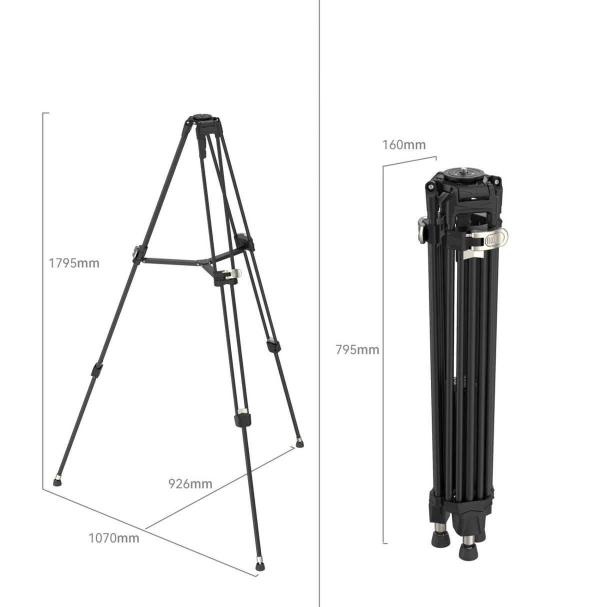 Black video tripod with height measurements; close-up of head and leg sections
