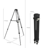 Black video tripod with height measurements; close-up of head and leg sections