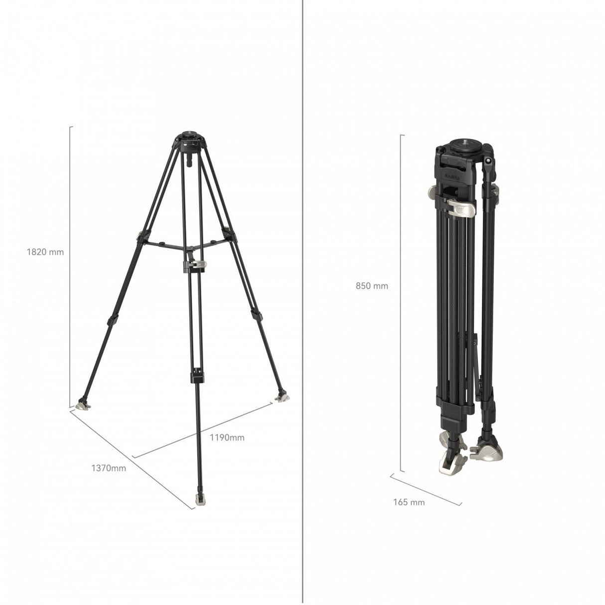 Black tripod side view with adjustable legs; shows height and folded size dimensions