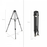 Black tripod side view with adjustable legs; shows height and folded size dimensions
