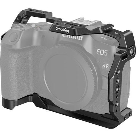 Black camera cage for EOS R8 with top handle and side mounting slots
