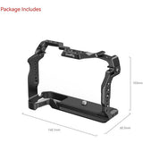 Black camera cage frame with base plate, mounting holes, and size measurement lines