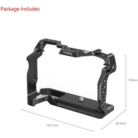 Black camera cage frame with base plate, mounting holes, and size measurement lines