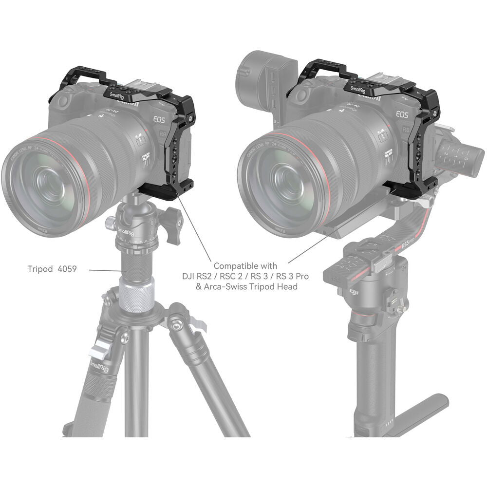 EOS R8 with black camera cage mounted on tripod, side handle visible