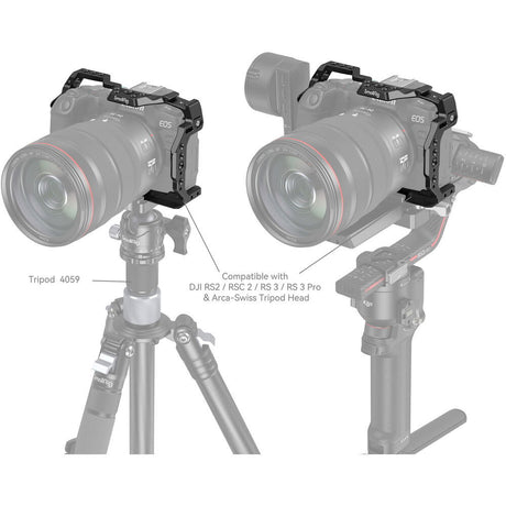 EOS R8 with black camera cage mounted on tripod, side handle visible